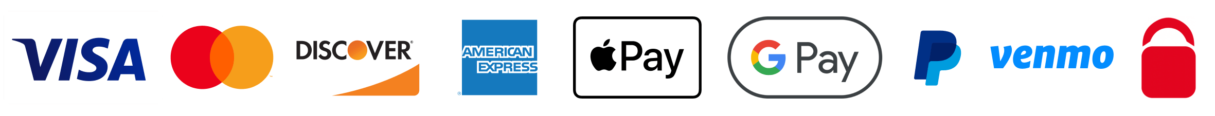 Logos: Visa, MasterCard, Discover, Amex, Apple Pay, Google Pay, PayPal, Venmo, Paysafe