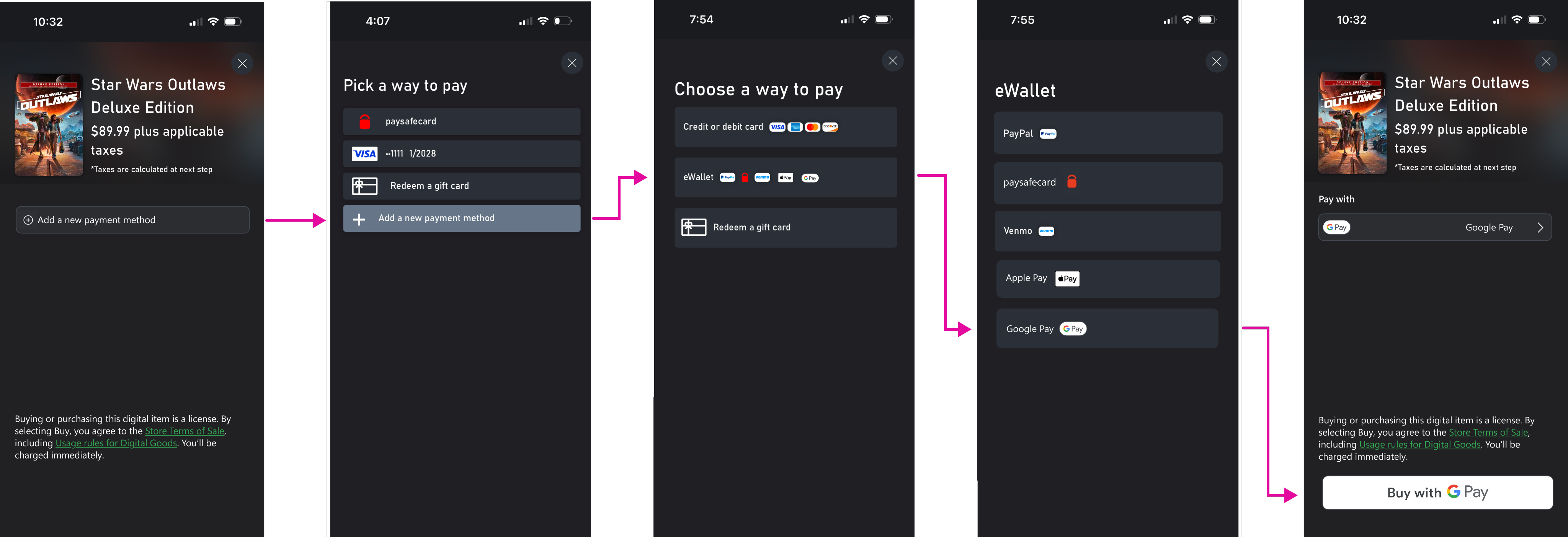 mobile screens showing a multi-step flow to get to Google pay